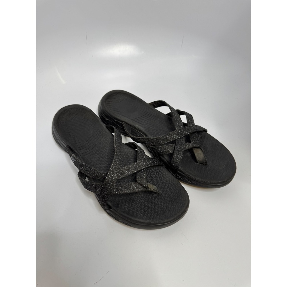 Skechers Strappy Sandals Womens 9 Black Good Metallic Shimmer Sporty Thong